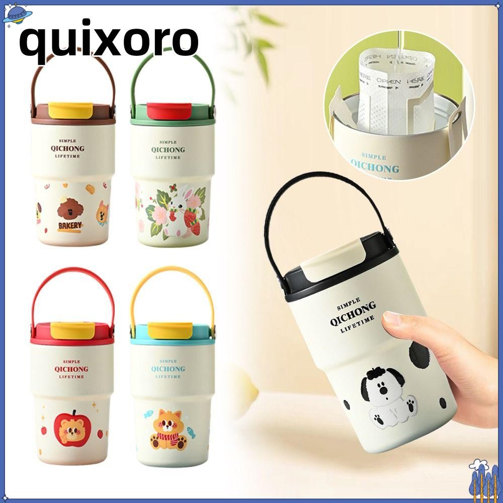 QUIXORO ฉนวนถ้วย, 450ML เซรามิค Liner แก้วสูญญากาศ,แบบพกพาคู่ดื่มฟาง Handle 316 สแตนเลส Thermos ถ้วย Travel