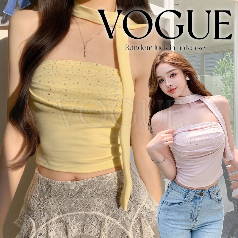 Vogue🌟พร้อมส่ง🌟 เสื้อเกาะอกรัดรูป ติดคริสตัลประกายวิบวับ เสริมฟองน้ำในตัว แถมผ้าพันคอ (FY33077)
