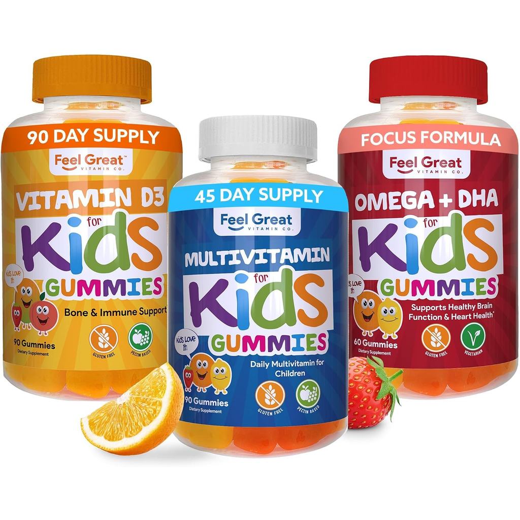 Feel Great Kids Essentail Vitamins Trio - Omega + DHA - วิตามินดี - วิตามินรวมสําหรับสุขภาพและภูมิคุ