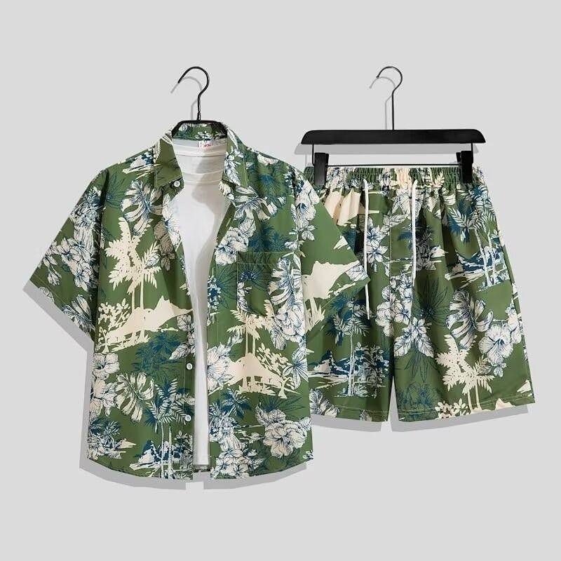 Summer Two-Piece Couple Beachwear Travel Men's Shirt Breathable Fashion Short Sleeve Shorts Suit ylf