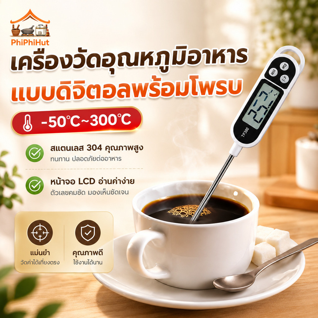 PPH เทอร์โมมิเตอร์วัดอุณหภูมิอาหารแบบแท่ง สำหรับวัดอุณหภูมิน้ำมัน การอบ และการย่าง