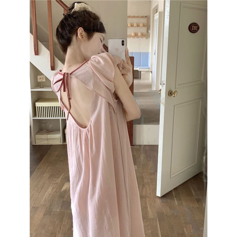 สาวหวานสีชมพูผีเสื้อ Halter Nightdress ผู้หญิงฤดูร้อน 2025 ใหม่สไตล์ Contrast สีชุดแขนกุด Home Servi