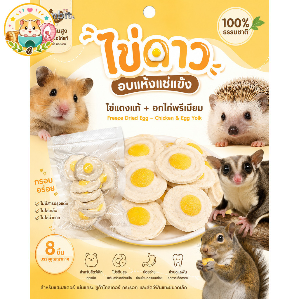 hamster.lover ขนมไข่ดาวฟรีซดราย ขนมนกแก้ว ขนมแฮมสเตอร์ อกไก่ผสมไข่แดงแท้ อร่อยปลอดภัย ไม่เค็ม บรรจุ 8 ชิ้น