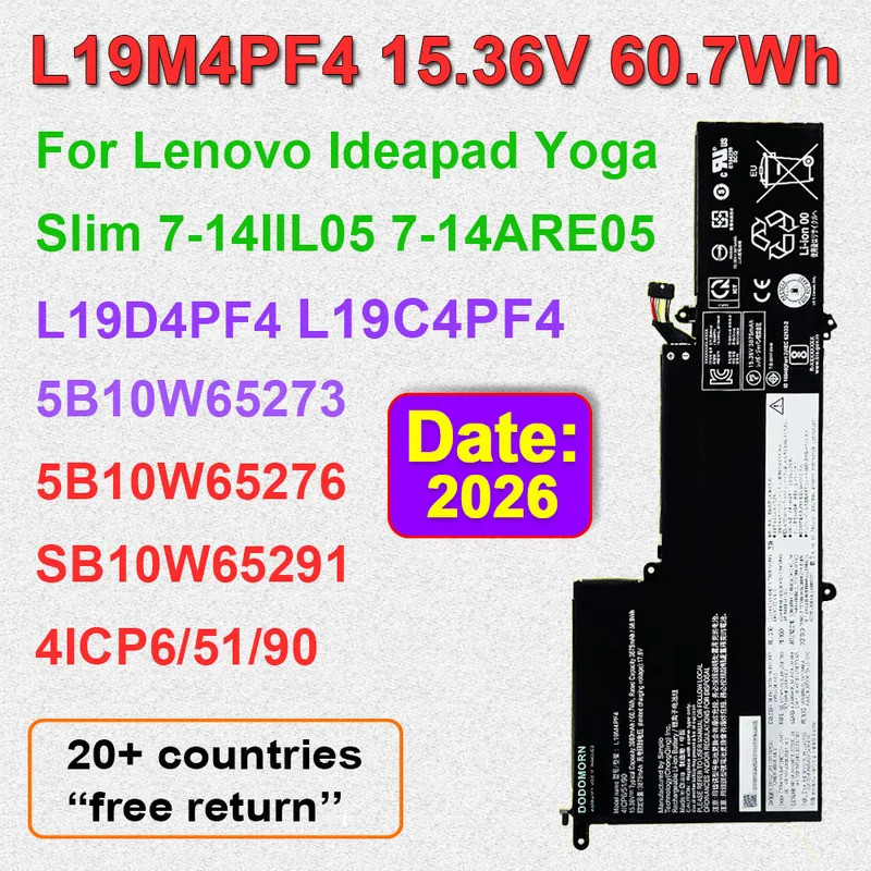 15.36V 60.7Wh แบตเตอรี่แล็ปท็อปสําหรับ Lenovo Ideapad โยคะ Slim 7-14IIL05 7-14ARE05 Series L19M4PF4 