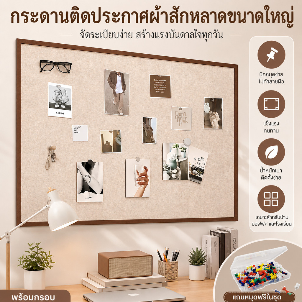 กระดานปักหมุด Felt Board 80x120 ซม. พับได้ พร้อมหมุดฟรี ติดผนัง ใช้ในโรงเรียน ออฟฟิศ บ้าน