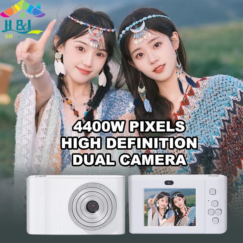 H&L 44MP Mini CCD กล้องดิจิตอลพร้อมการ์ดหน่วยความจํา 4K เลนส์คู่ 8X ซูมการเดินทางกล้องสําหรับเด็กผู้