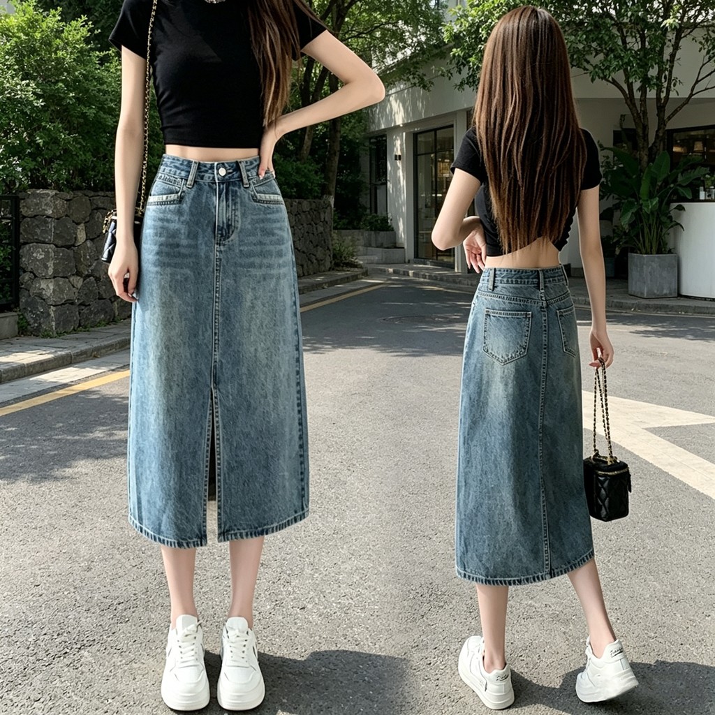 Beautified กระโปรงยีนส์เอวสูงผ่าหน้าสีฟ้าอ่อน ดูผอมเก็บพุง สไตล์เกาหลี ใส่เที่ยว ไซส์ S-XXL พร้อมส่ง