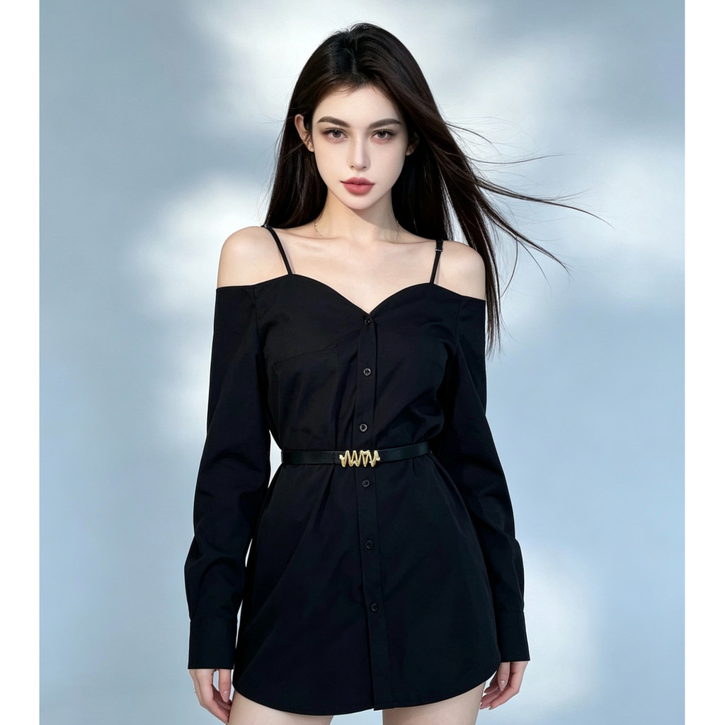 Classy Off-the-Shoulder Long-Sleeved Slimmer ดูกระโปรงสลิงสั้น