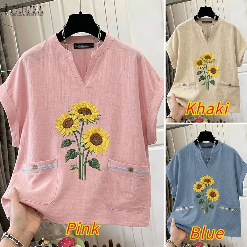 ZANZEA ผู้หญิงเกาหลี Retro Cottagecore V คอแขนสั้นออกแบบกระเป๋าดอกทานตะวันพิมพ์เสื้อยืดหลวม — صورة 3