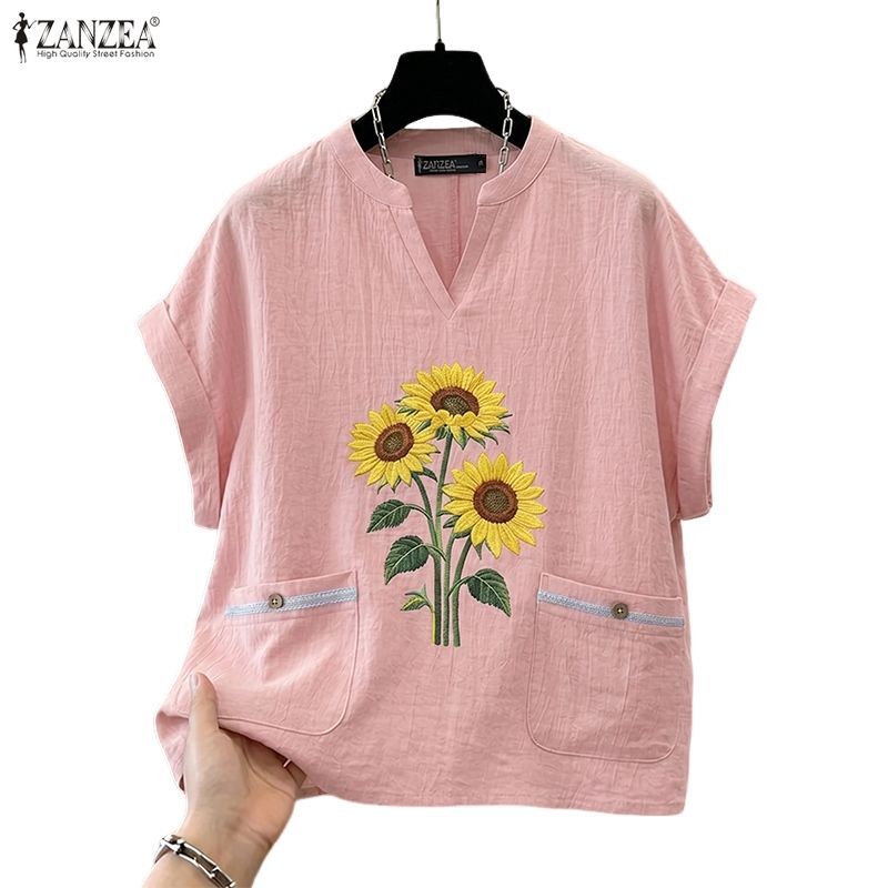 ZANZEA ผู้หญิงเกาหลี Retro Cottagecore V คอแขนสั้นออกแบบกระเป๋าดอกทานตะวันพิมพ์เสื้อยืดหลวม — صورة 6