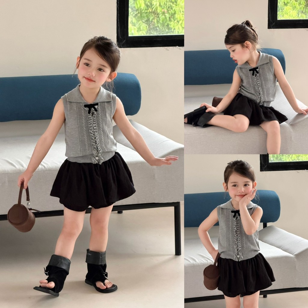 PRETTY BABY เสื้อเด็ก เสื้อแขนกุด คอปก เสื้อไหมพรม กระโปรงกางเกง ขาจั๊ม(2274)