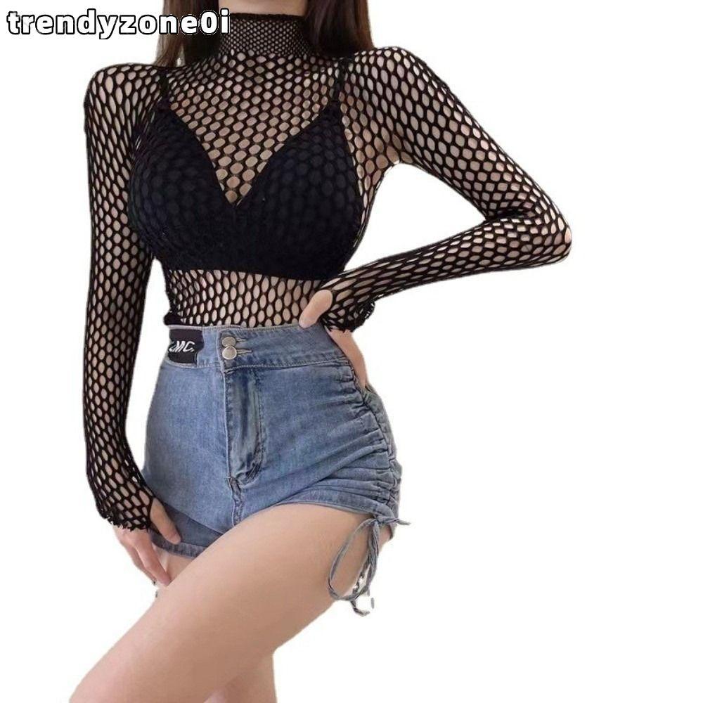 TRENDYZONE0I ตาข่าย T เสื้อ, เซ็กซี่ออกแบบ Hollow Out Fishnet Top, Skinny Soft Fabric Sheer วัสดุ Sl