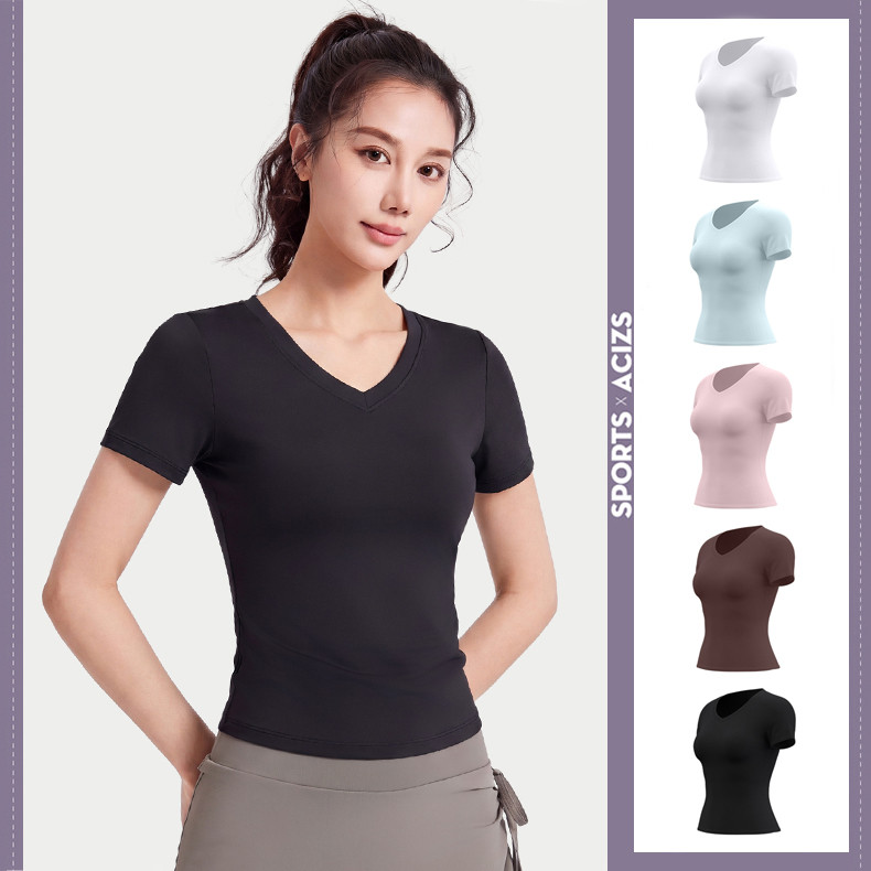 mvp sport เสื้อยืดแขนสั้นคอวีสำหรับผู้หญิง เสื้อกีฬาแขนสั้น เสื้อโยคะสีพื้น แห้งเร็ว ระบายความชื้นได้ดี