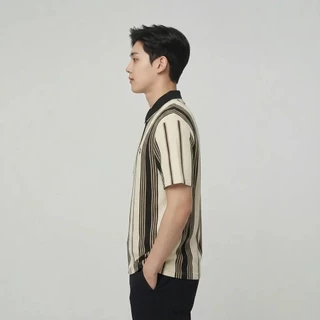Vertical Stripe Zip Polo Shirt เสื้อโปโลลายทางแนวตั้งผู้ชายคอซิปครึ่งตัวแขนสั้น ผ้าพิกเก้ระบายอากาศ มี4สีคลาสสิก Size M-4XL
