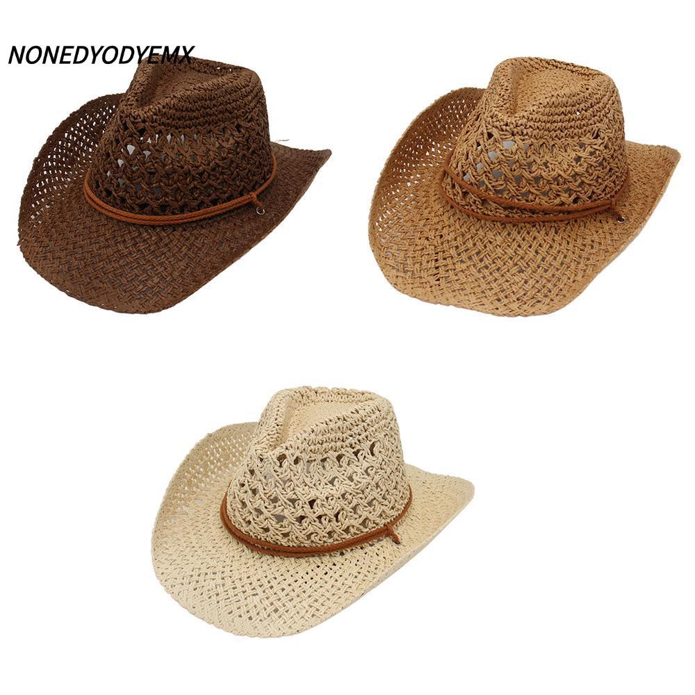 NONDYOMX Western Cowgirl หมวก,ปรับสายรัดคางวันหยุดฟางหมวกคาวบอย,อินเทรนด์ปีกกว้างพับชายหาดหมวกกันแดดสําหรับผู้หญิงผู้ชาย