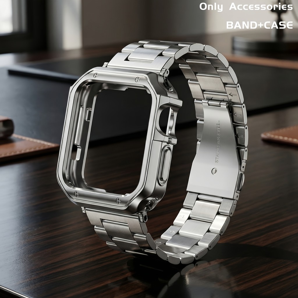 สายรัดข้อมือและเคสเข้ากันได้กับ iWatch ขนาด 45mm, 44mm, 42mm, 49mm, 46mm, 41mm, 40mm, 38mm, สายโซ่สแตนเลสพร้อมฝาครอบ TPU สําหรับ I-Watch Series 11, 10, 9, 8, 7,