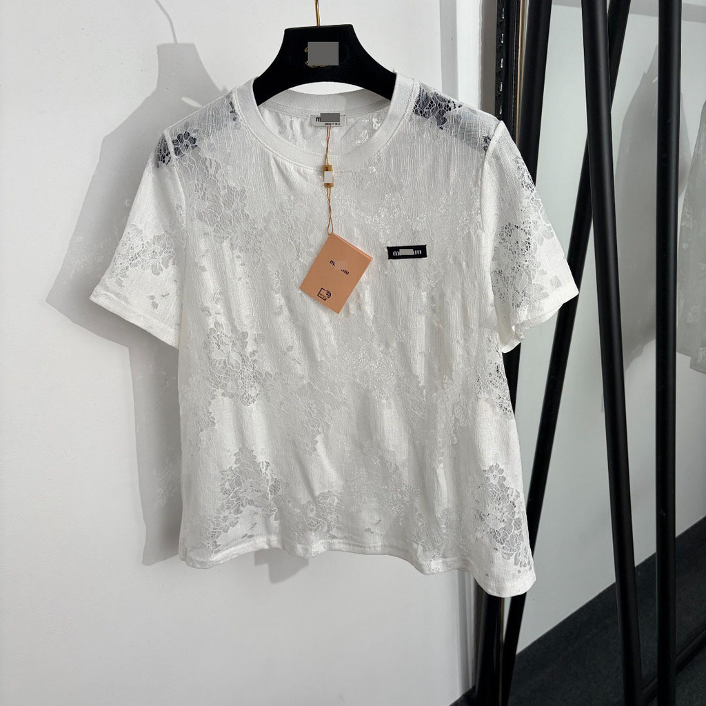 M-1U ป้ายคอปก Letter Patch Lace See-Through Short Sleeves T @-