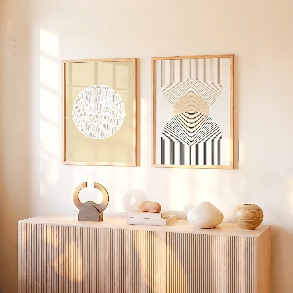 ภาพแต่งห้อง กรอบรูป - เซท 2 ภาพ Japandi Minimal & Abstract Art Style 01 รูปติดผนัง ตกแต่งบ้านมินิมอล