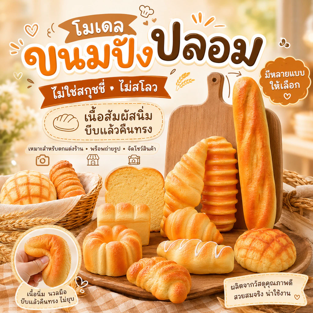 โมเดลขนมปังปลอม ขนมตัวอย่างแต่งร้าน ขนาดสมจริง สัมผัสนิ่ม ไม่ใช่สกุชชี่ ไม่สโลว เหมาะคาเฟ่และเบเกอรี่ แต่งร้านน่ารัก