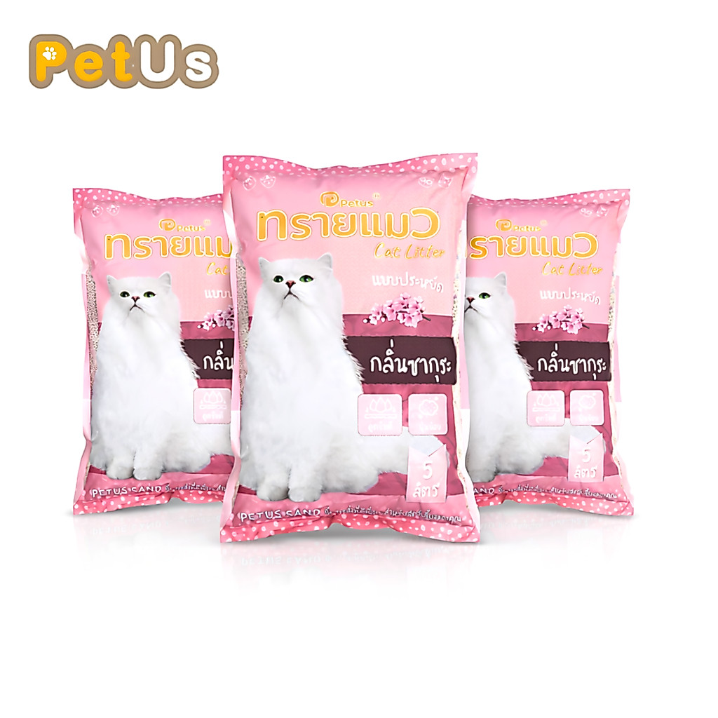 ทรายแมว 5 ลิตร ทรายเบนโทไนท์ พีตัส กลิ่นซากุระ จับตัวเป็นก้อน ฝุ่นน้อย กลิ่นหอม 1-3 ถุง