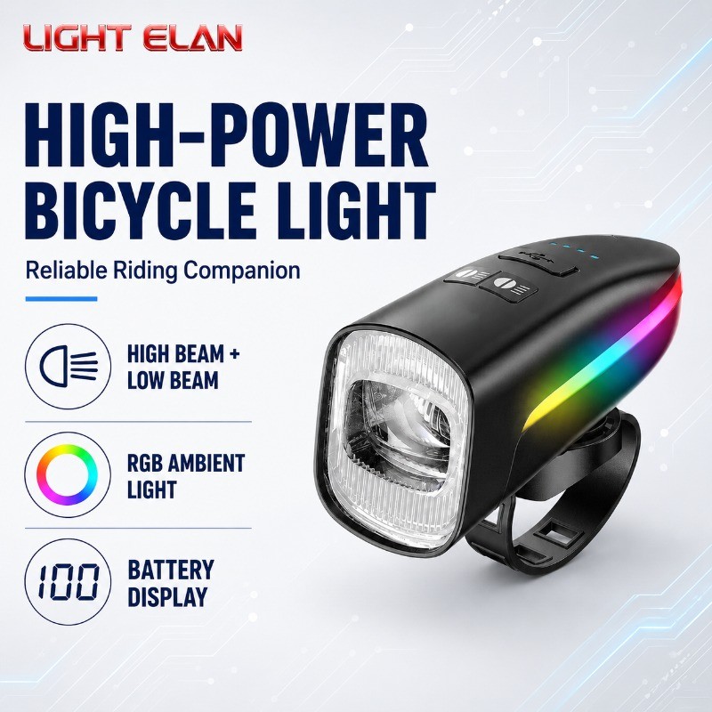 ไฟปั่นจักรยานแบบชาร์จ USB ที่สว่างเป็นพิเศษพร้อมจอแสดงผลแบตเตอรี่โหมดแสงคู่โคมไฟจักรยานที่มีแสงโดยรอบ RGB
