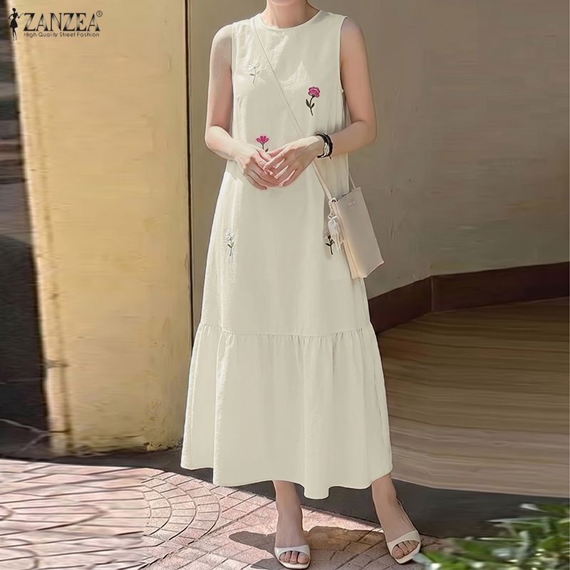 ZANZEA ชุดเดรส H-Line สําหรับผู้หญิงแฟชั่นเกาหลีลําลองทอปักแขนกุดลายดอกไม้ — صورة 5