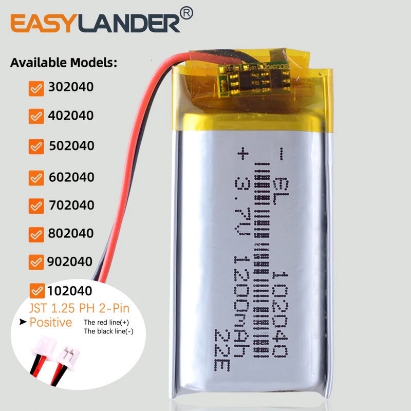 JST1.25mm 2Pin 902040 แบตเตอรี่ลิเธียมโพลิเมอร์ 3.7V 1000mAh 901939 302040 402040 502040 602040 7020