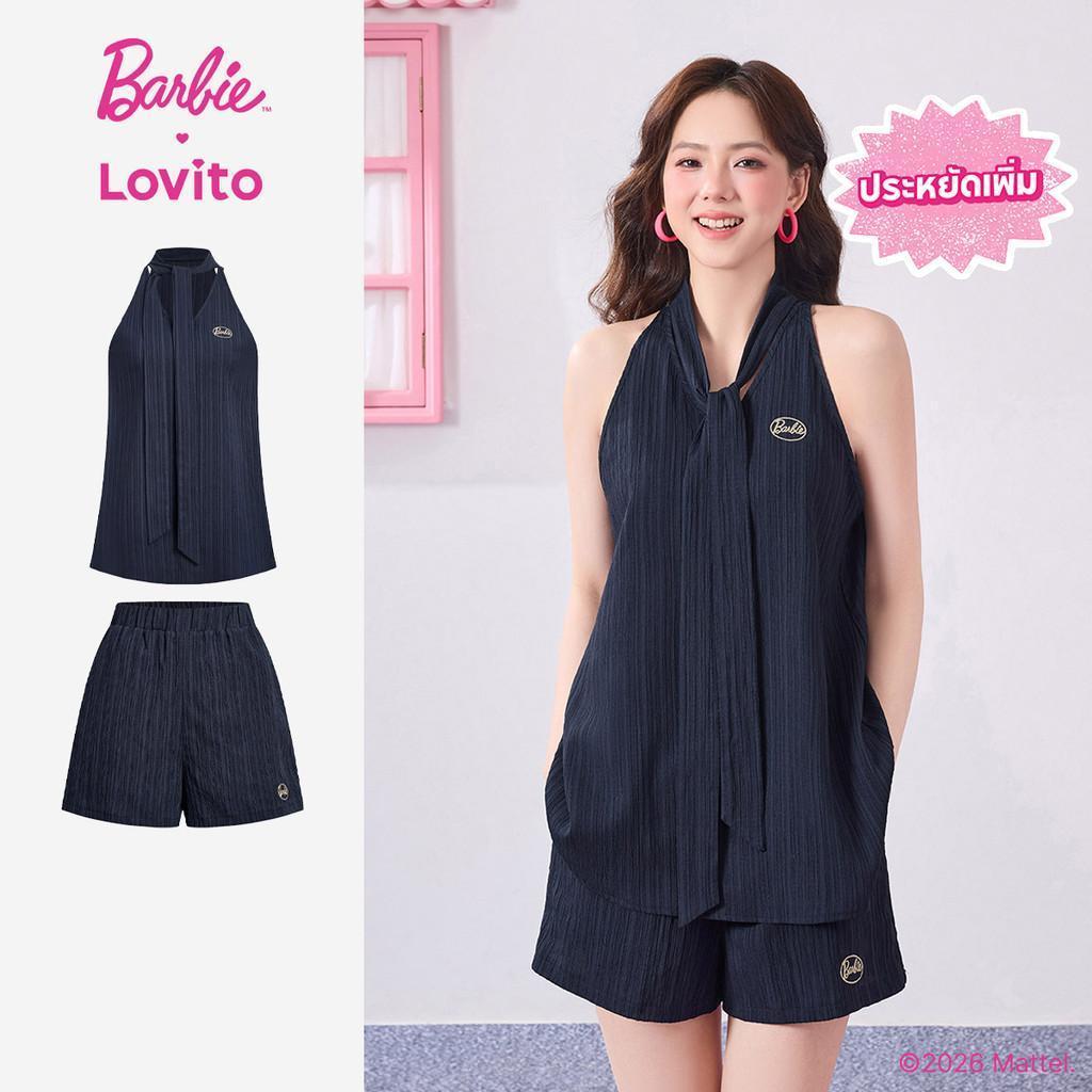 Barbie™ X Lovito แคชชวล แพทเทิร์นชุดเดรสลําลองสีดําแบบมีเข็มขัดติดกระดุมสําหรับฤดูใบไม้ผลิ/ฤดูร้อนสําหรับผู้หญิง เกาหลี อินเทรนด์ DRBL3PAD040