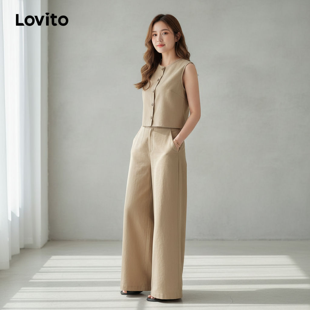 Lovito แคชชวล ชุดสําหรับผู้หญิง กางเกงหรือเสื้อ สีกากี ฤดูใบไม้ผลิ/ฤดูร้อน LBL29191