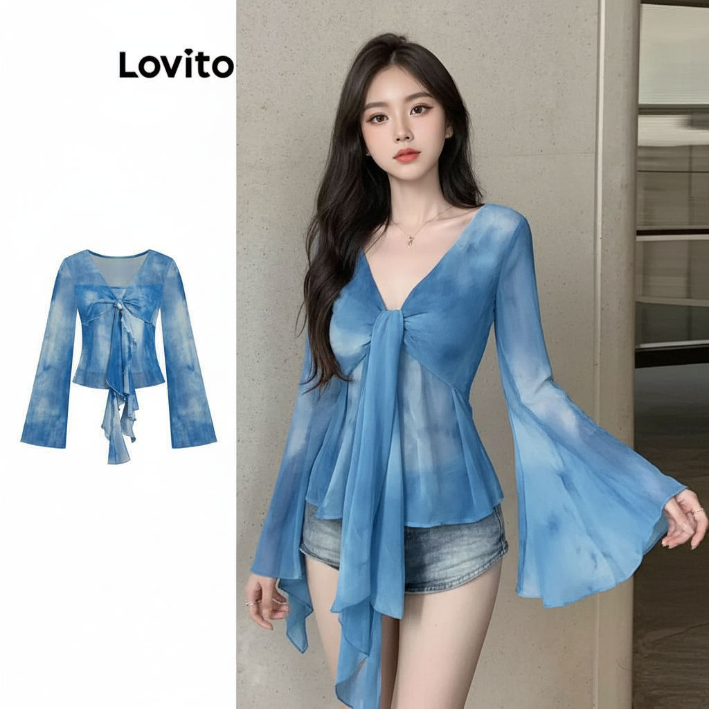 Lovito โบโฮ เสื้อเบลาส์ผู้หญิง ลายมัดย้อม ตาข่ายระบายหน้า สไตล์แกลมเมอรัส L106AD939