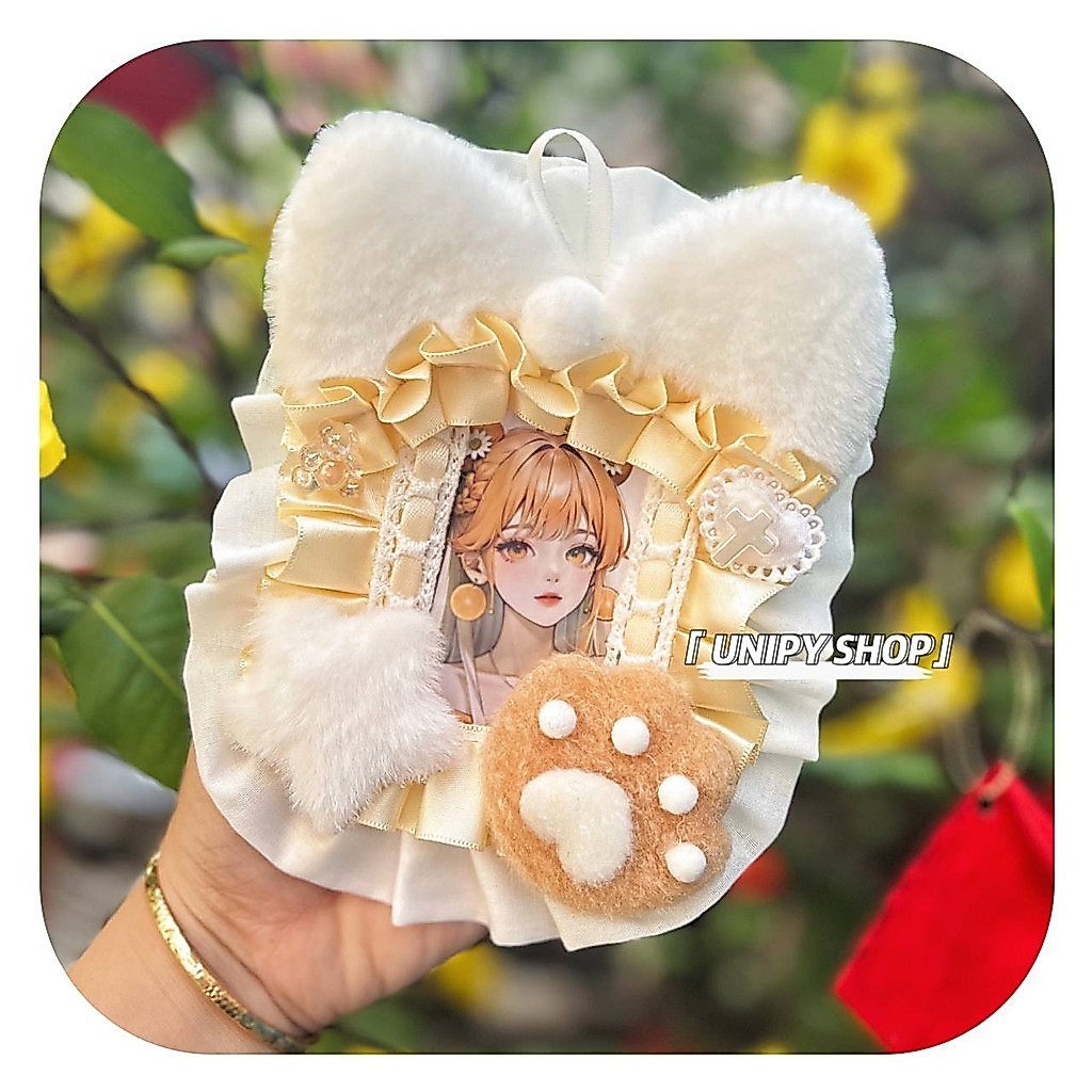 Toploader Decor ผ้าลูกไม้ 3D B8 | หูแมว&เท้าแมวเหลือง | Kpop Anime Idol Card Holder TR082