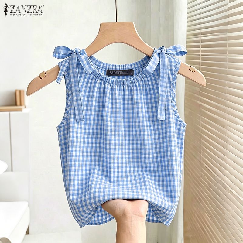 ZANZEA ผู้หญิงสาวเกาหลี O คอแขนกุดหลวมลายสก๊อต Bowknot Tank — صورة 4