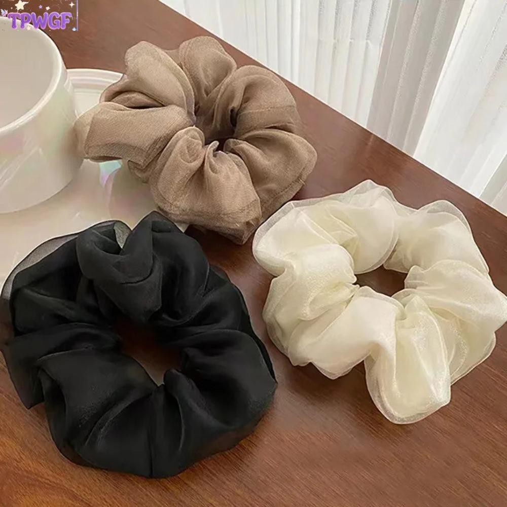 เชือกผม scrunchie แบบหรูหรา สีดำ beige khaki ทำจาก organza พร้อมการออกแบบขอบระบาย สำหรับเด็กผู้หญิง