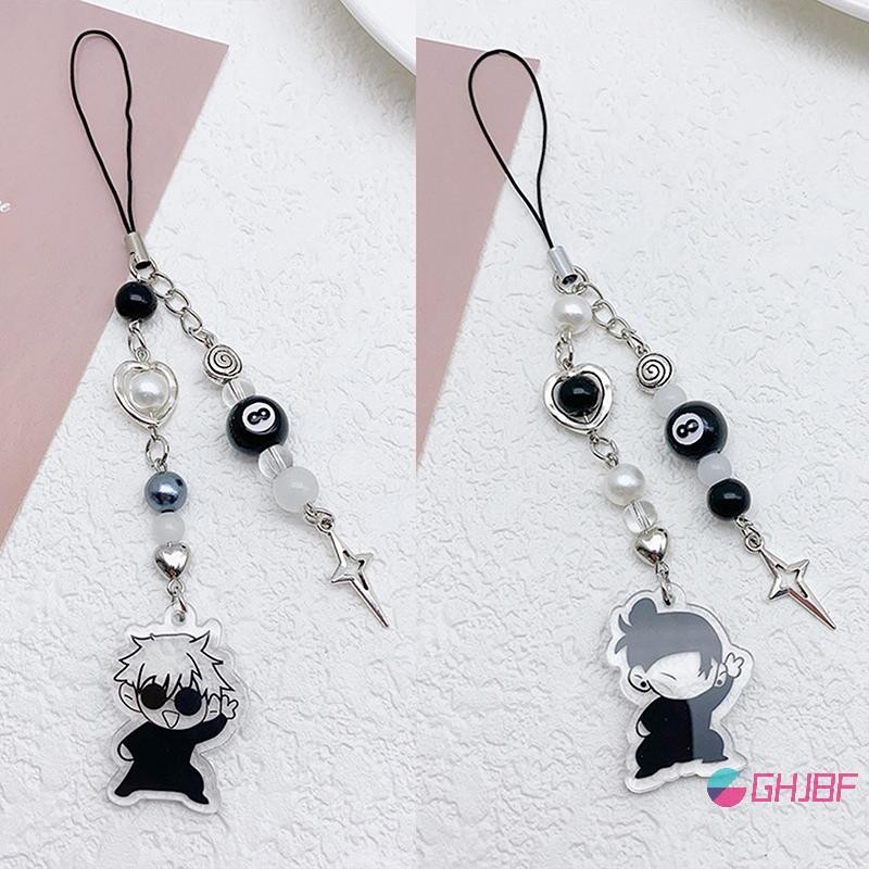 GHJBF] Creative Anime <o Phone Lanyard Y2K Black Beaded Cross Phone Chain แฟชั่นโทรศัพท์มือถือ Charm