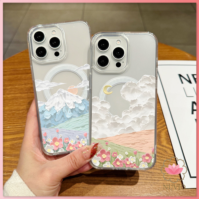 เคสใสแม่เหล็กสำหรับ iPhone 16 รุ่น 11 12 13 14 15 Pro Max ลายดอกไม้แนวนอน XR XS Max 7 8 Plus PC