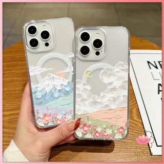 เคสใสแม่เหล็กสำหรับ iPhone 16 รุ่น 11 12 13 14 15 Pro Max ลายดอกไม้แนวนอน XR XS Max 7 8 Plus PC