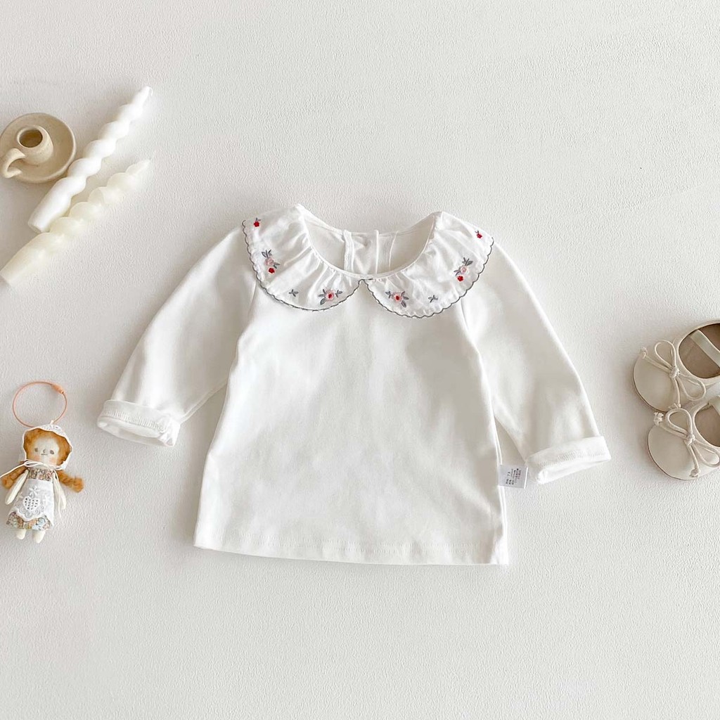 เสื้อยืดแขนยาวสีขาวปักลายสำหรับทารก 0-24 เดือน