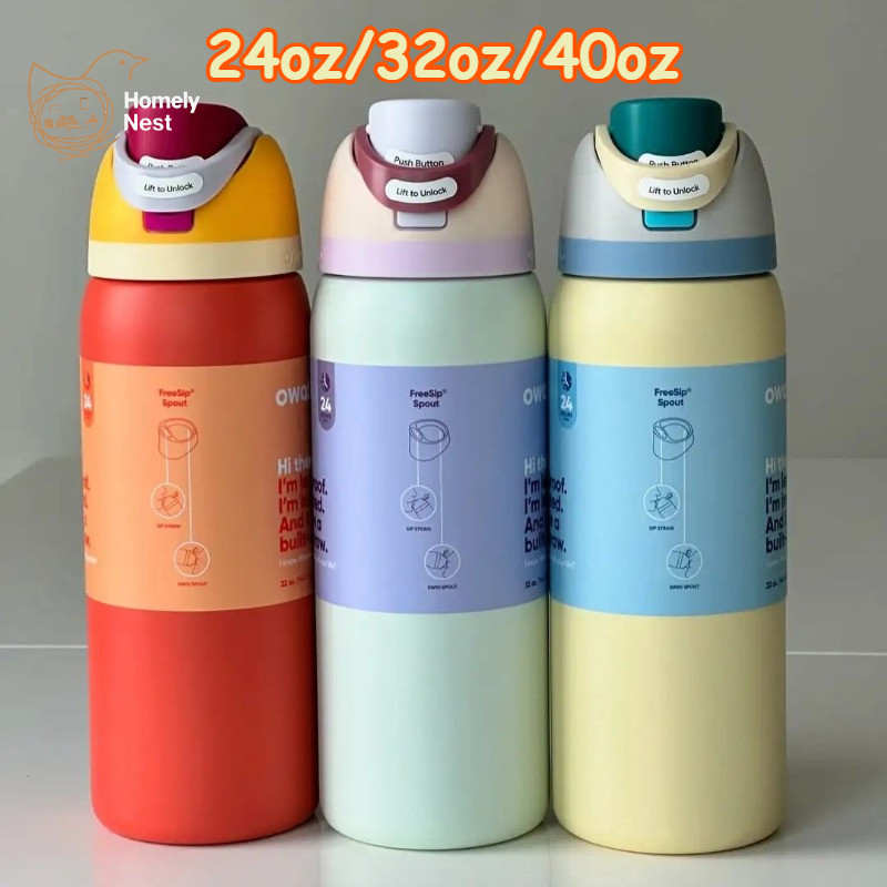 Owala FreeSip Tumbler Macaron 3 สี Coastal Mist, Sunny Daze, สีส้ม 24oz 32oz 40oz สแตนเลสสูญญากาศฉนวน Leakproof Straw, Kawaii สําหรับของขวัญ