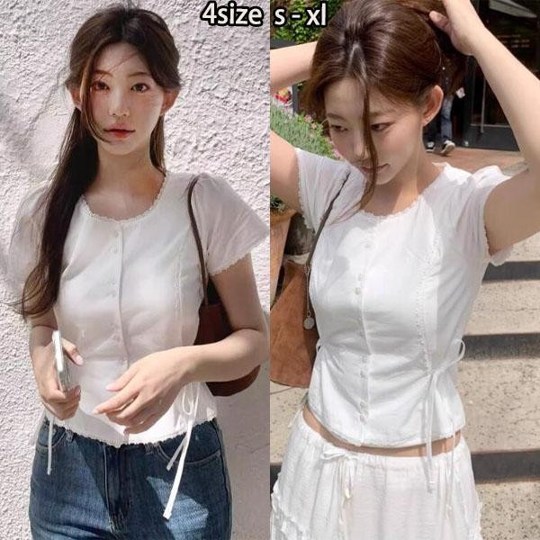 Chili#เสื้อลูกไม้แขนสั้นเอวยางยืดฤดูร้อนสำหรับผู้หญิง โชว์หุ่น ลดอายุ ระบายอากาศได้ดี ไม่อึดอัด ประณีตและสง่างาม#99173