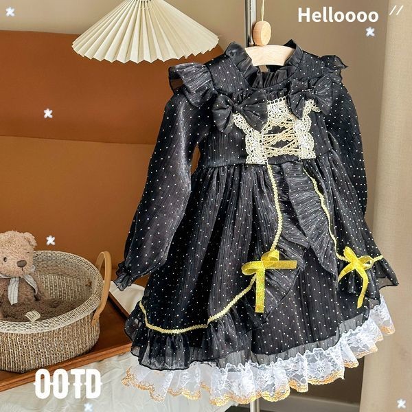 Hepburn Bright Diamond Girl Black Gold Star River Princess Dress 2025 สไตล์ใหม่เด็กผู้หญิงฤดูใบไม้ร่