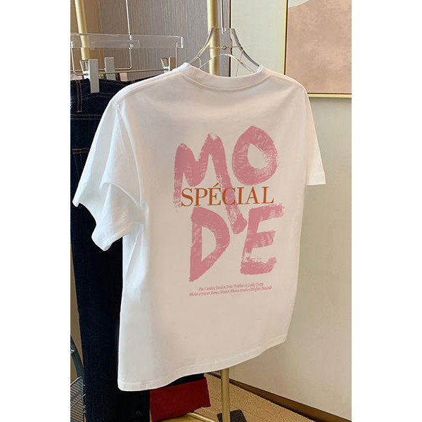 ผ้าฝ้ายแท้แขนสั้นเสื้อยืดผู้หญิงหวานออกแบบ Graffiti พิมพ์หลวมรอบคอ Casual All-Match Top 9.3 TDT