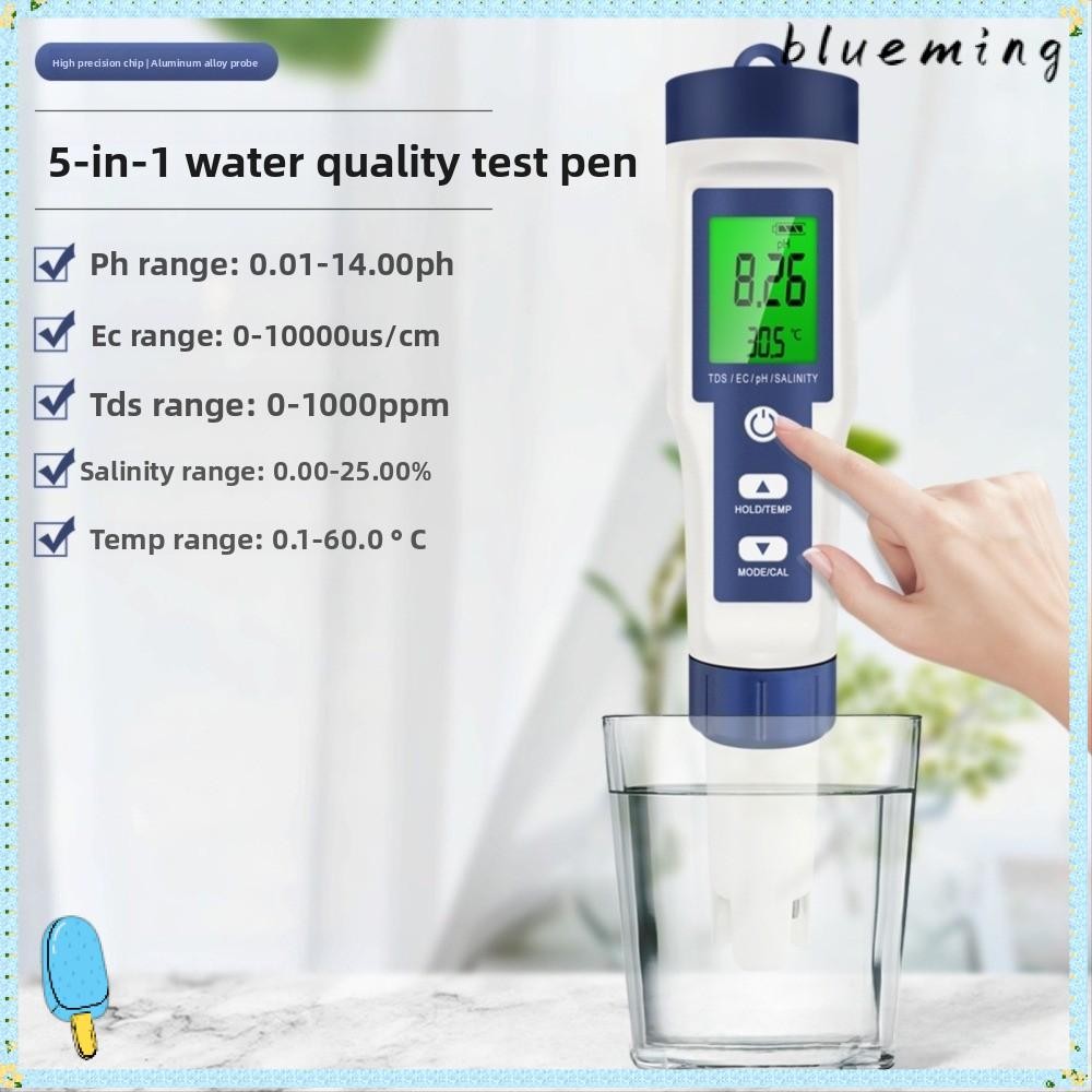 BLUEMING Digital TDS Meter, 5 in 1 TDS/EC/PH/ความเค็ม/เครื่องทดสอบคุณภาพน้ํา,กันน้ําหน้าจอเรืองแสงขน