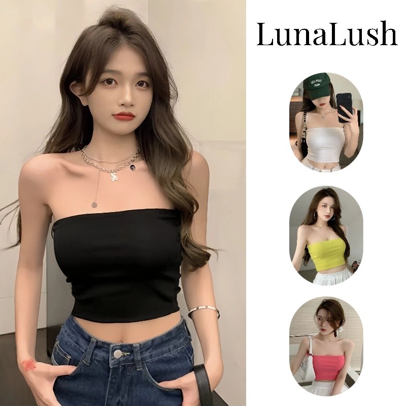 LunaLush✨พร้อมส่ง เสื้อรัดรูป เกาะอก ไม่มีฟองน้ำ สีพื้น ยืดพอดีตัว เกาหลีสไตล์ สีสันสดใส  "MX-5"