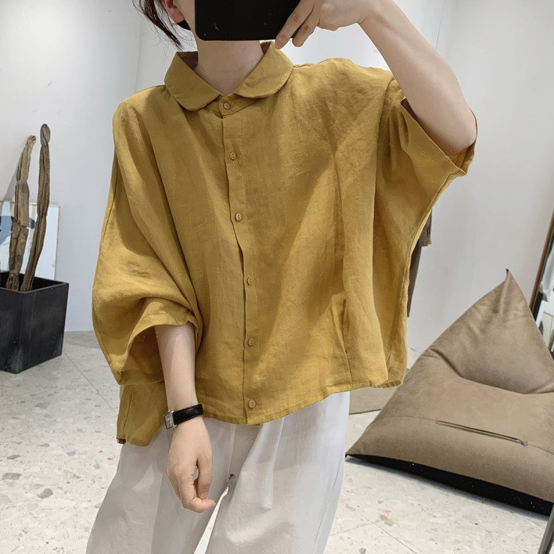 ผ้าฝ้ายลินินผู้หญิง 2025 ฤดูใบไม้ผลิฤดูร้อนสามไตรมาสแขนเสื้อตุ๊กตาแขนเสื้อหลวมขนาดใหญ่ ผอมลง ดูตุ๊กตาปกอายุ-ลด
