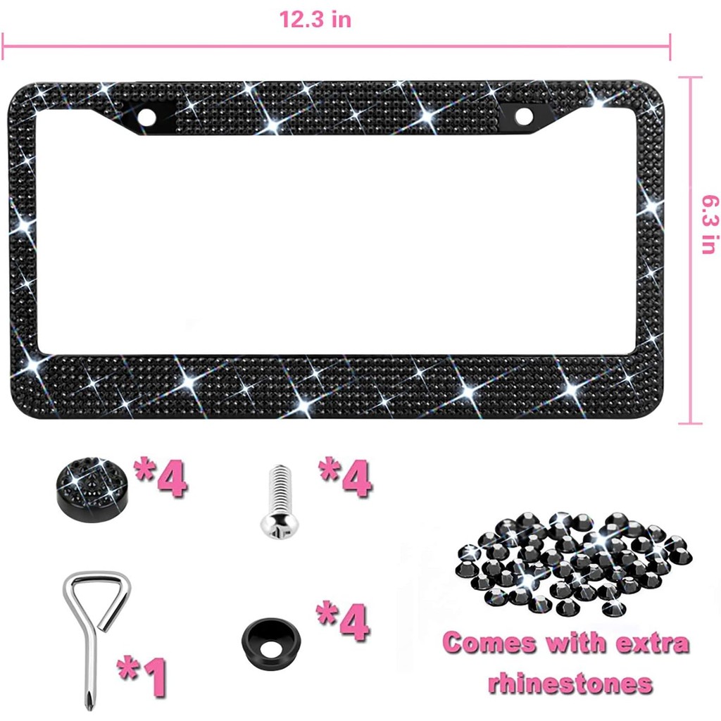 Sparkly Rhinestone กรอบป้ายทะเบียนสําหรับผู้หญิง - สแตนเลสคริสตัลกระจกสีดํา 1200 A0LR