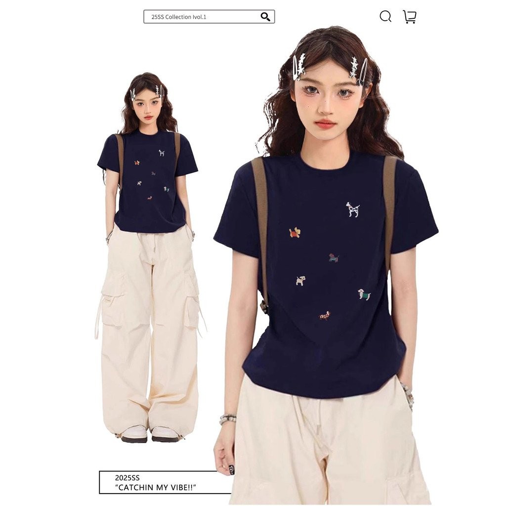 ผ้าฝ้ายแท้สีกรมท่าแขนสั้นเสื้อยืดผู้หญิงฤดูร้อน 2025 สไตล์ใหม่อเมริกันสตรีทสวมสลิมฟิตรอบคอสั้นสาวร้อ