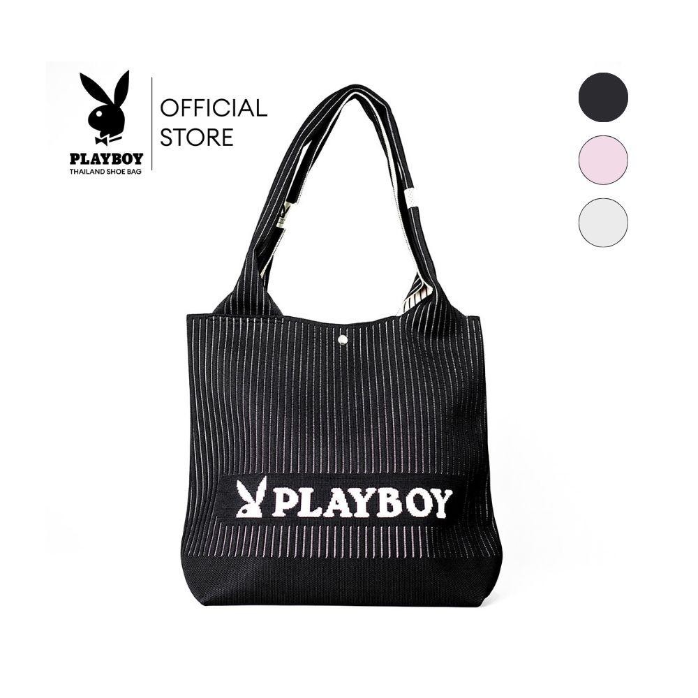 Playboy รุ่น Woven Tote bag กระเป๋าผ้าไหมพรม รหัส ST-BS254PB138 ดีไซน์ทรงTote bag ทอลายโลโก้ ลายริ้วทั้งใบ มี 3 สี