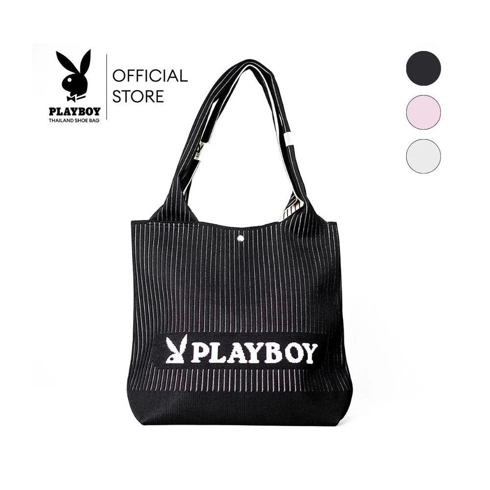 PLAYBOY รุ่น Woven Tote bag กระเป๋าผ้าไหมพรม รหัส ST-BS254PB138 ดีไซน์ทรงTote bag ทอลายโลโก้ ลายริ้วทั้งใบ มี 3 สี