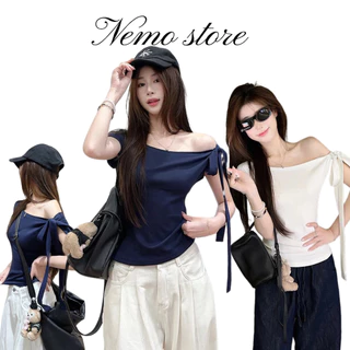 Nemo store🌸#Y9835 เสื้อไหมพรมแขนสั้น เปิดไหล่ สีพื้น ยืดพอดีใส่สบายสไตล์เกาหลี