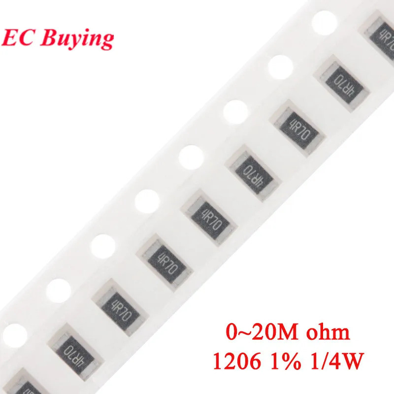 100pcs 1206 ตัวต้านทาน SMD 1% 1/4W 0.01R ~ 20M 0.01 0.3 0.47 0.91 1.5 5.1 9.1 10 30 56 68 100 820R 1